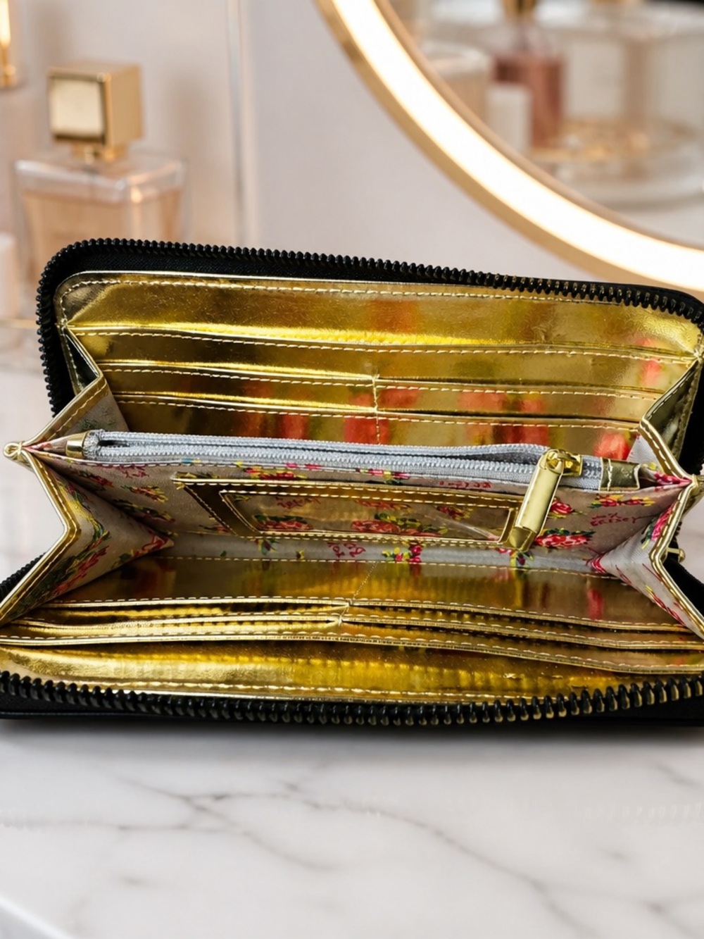 Betsey Johnson Black Patent Zip-Around Wallet with Gold Plate - Picture 5 of 6